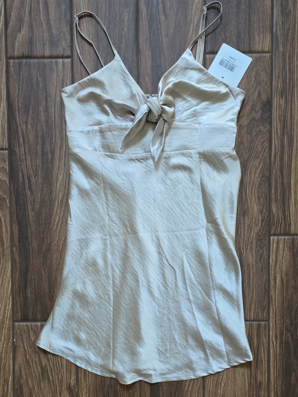 Selfie Leslie Tie-Front Champagne Spaghetti Strap Mini Dress.